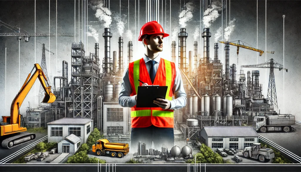 DALL·E 2024-11-20 21.19.31 - A rectangular composition of an occupational health and safety specialist standing in the foreground, wearing a bright red safety helmet, reflective v