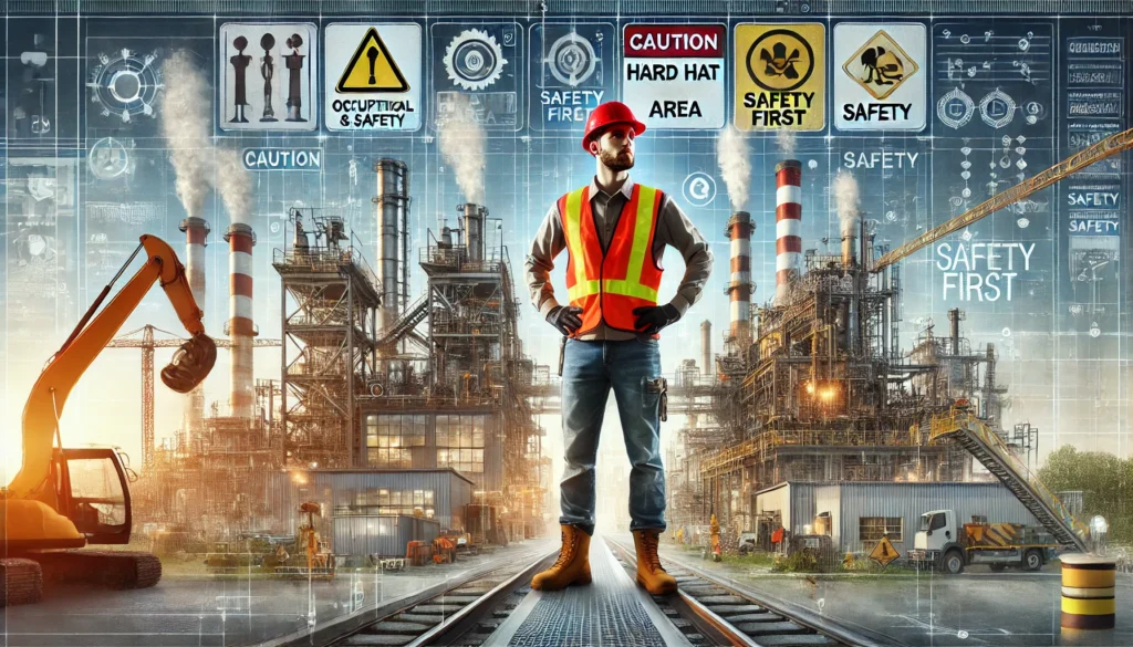DALL·E 2024-11-20 21.20.56 - A rectangular image depicting an occupational health and safety specialist wearing a red helmet, reflective vest, and work boots, standing confidently